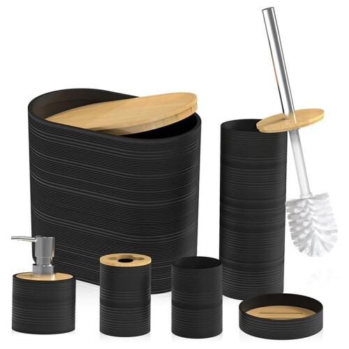 Bathroom Accessory Set, 6-Pcs Black Bathroom Accessory Set with Trash Can, Soap Dispenser for Housewarming