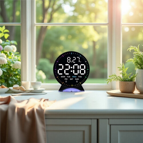 LED Digital Desk Clock with Multi-Color Ambient Light, Auto Dimmable Desktop Timer with Week Date Display & USB Cable 1