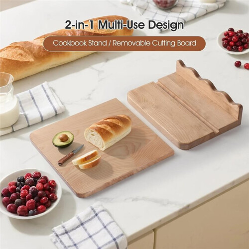 Scalloped Wooden Cookbook Stand with Removable Cutting Board for Kitchen Use 2