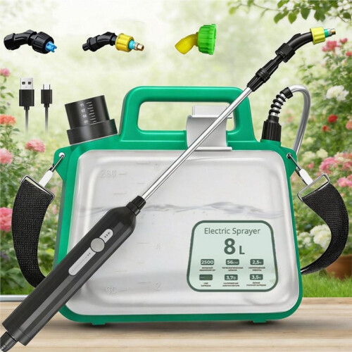 Battery Powered Garden Sprayers 2 Gallon,Electric Sprayers with USB Rechargeable Handle,3 Mist Nozzles, Retractable Wand 1