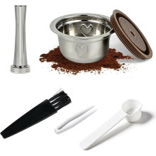 Reusable Coffee Pods Kit, 230ml Stainless Steel Coffee Capsule with Silicone Lid, Spoon, Brush,for Machines