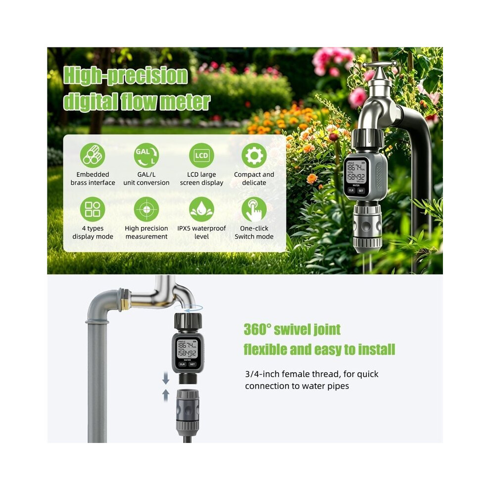 Garden Hose Water Flow Meter 4 Display Modes 3/4" Digital Flow Rate ...