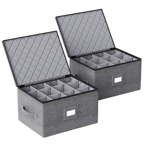 2 Pack Wine Glass Storage Box with Dividers,Stemware Storage Cases with Sturdy Handle and Hard Shell for Glassware