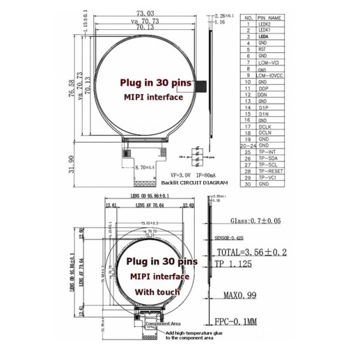 2.8 Inch Circular TFT LCD Display Module HD IPS 480 480 30PIN Capacitive Touch ST7701 MIPI RGB Interface 1