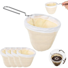 5Pcs Cloth Coffee Filters Reusable, Coffee Strainer Cloth with Stainless Steel Handle, Coffee Sock Filter