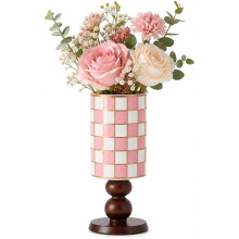 Vase en Céramique avec Base en Bois, Centre de Table en Herbes de la Pampa Roses et Blanches, Vase à Carreaux pour Table à Manger ou Cuisine
