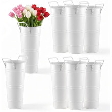 8 Pack Flower Bucket, Galvanized Metal White Vintage Farmhouse 11x23x7.5cm High-Zinc Coating, Rust-Proof & Weather