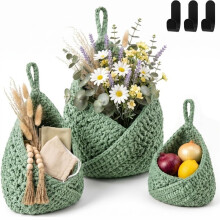 Hanging Storage Baskets Boho Decor Set of 3, Handmade Cotton Rope Wall-Mounted Fruit & Vegetable Baskets, Green