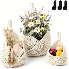 Hanging Storage Baskets Boho Decor Set of 3, Handmade Cotton Rope Wall-Mounted Fruit & Vegetable Baskets, White