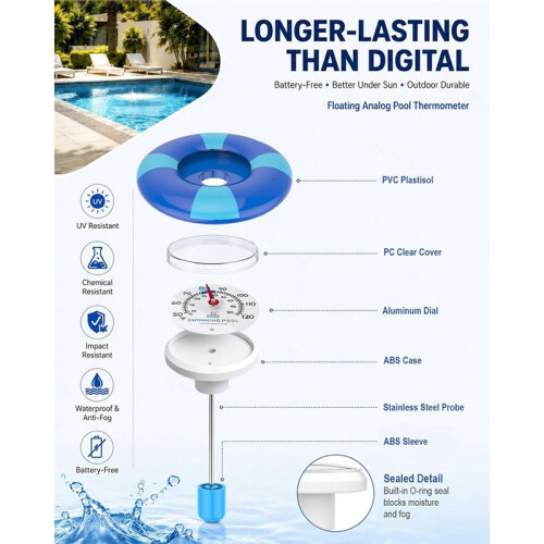 Floating Pool Thermometer Mechanical Water Temperature Gauge with String Suction Cup for Swimming Pool Spa Pond