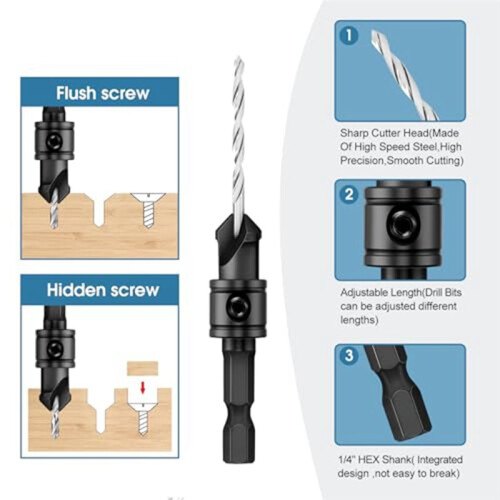 5pcs Counterbore Drill Bit Set for 5, 6, 8, 10, 12 Screws,M2  Drill Bits with 1/4" Hex Shank 2