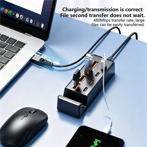 8  USB Hub Charging & Data Transfer Station with Phone Holder 4 USB 4 Type C PD Charge Data Sync 480Mbps for Laptop 1