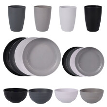 Service de Table en Paille de Blé - 16 Pièces Incassables pour la Famille, le Camping et les Pique-Niques - Bols, Assiettes, Tasses