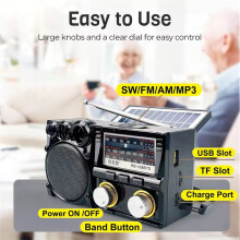 Receptor de Radio AM/FM/SW con Alimentación Solar, Altavoz , Reproductor de MP3 con Batería Recargable, Compatible con Tarjeta TF y Unidad