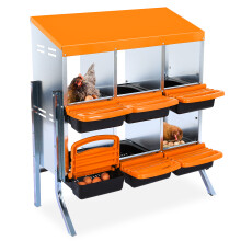 Niche pour poules en acier galvanisé, 6 compartiments orange avec pieds, système de collecte d'œufs à rouleaux