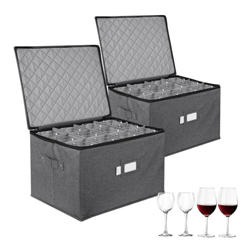 2 Pack Wine Glass Storage Box with Dividers,Stemware Storage Cases with Sturdy Handle and Hard Shell for Glassware 1