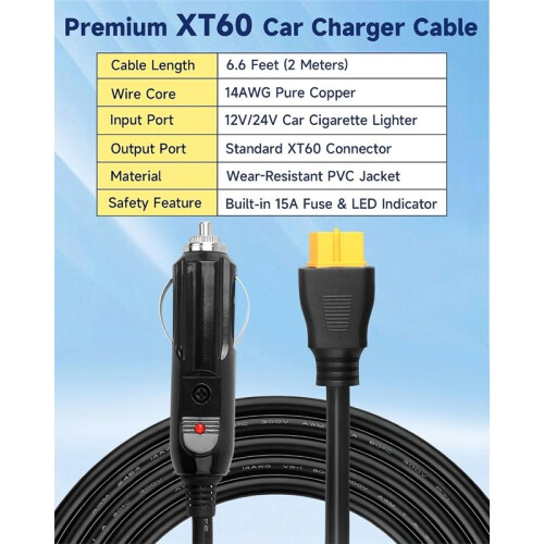 Cabo de Carregamento Veicular de 12V/24V com 2 Metros de Comprimento e Conector XT60 (16AWG) para  SOLIX C300/C1000/F2000 e  Delta 2 2