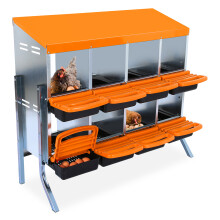 Niche pour poules en acier galvanisé, 8 compartiments, orange avec pieds, avec couvercle et bac de collecte