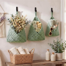 Hanging Storage Baskets Boho Decor Set of 3, Handmade Cotton Rope Wall-Mounted Fruit & Vegetable Baskets, Green