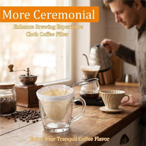 5 Wiederverwendbare Stoffkaffeefilter, Kaffeesiebtuch mit Edelstahlgriff, Kaffeesockenfilter 1