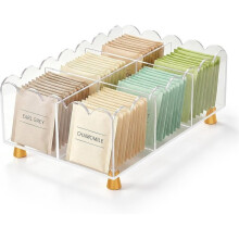 Organisateur de Sachets de Thé en Acrylique, 6 Compartiments Spacieux, Bord Festonné Transparent, pour Comptoir, Garde-Manger, Placard