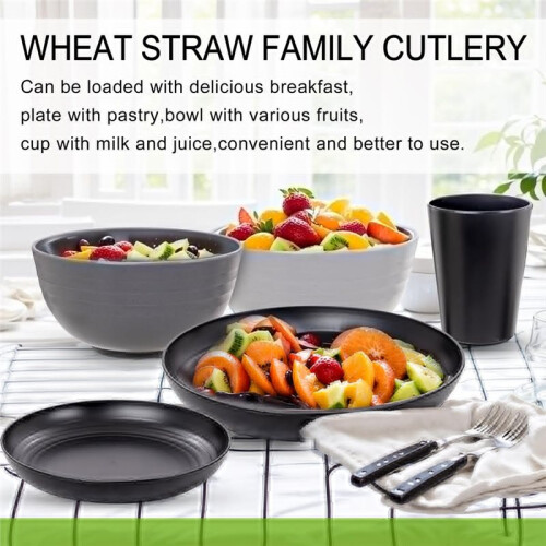 Wheat Straw Dinnerware Set - 16-Piece Unbreakable Tableware for Family, Camping, Picnics - Bowls, Plates, Cups 2