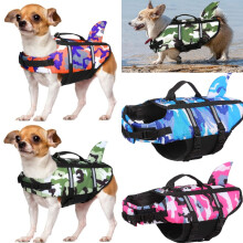 (Orange,M)Dog Life Jacket Pet Safety Swimming Camouflage Shark Float Adjustable Buoyancy