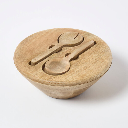 Homescapes Mango Wood Serving Bowl & Cutlery Set