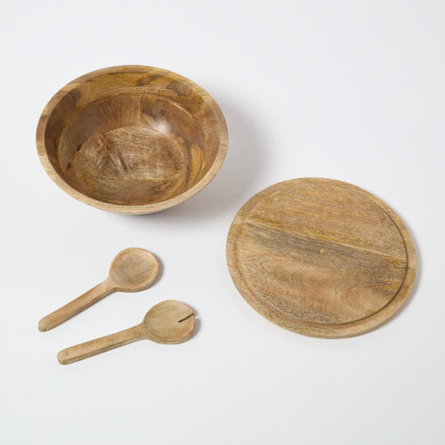 Homescapes Mango Wood Serving Bowl & Cutlery Set 1