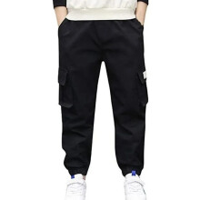 (140cm) Boys' Cargo Pants, Elastic Waist, Jogging Trousers, Ages 4-12, Black
