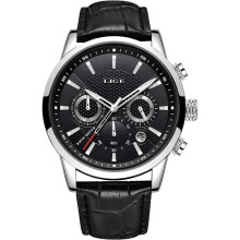 Men's Chronograph Watch, Black Leather, Waterproof, Quartz, Stainless Steel, Luminous