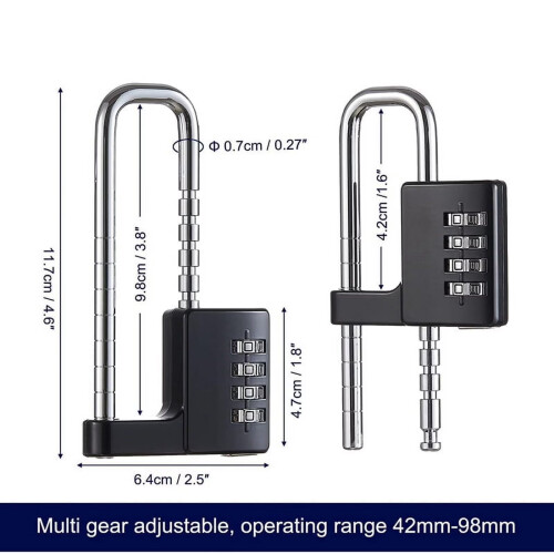 Stainless Steel Combination Padlock, Black, 4-Digit Code, Long Shackle, Gym Locker Lock 1