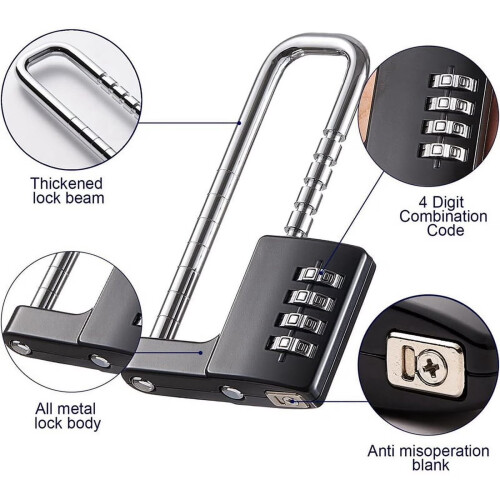 Stainless Steel Combination Padlock, Black, 4-Digit Code, Long Shackle, Gym Locker Lock 2
