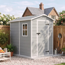 Garden Sanctuary 4.29x6.1ft Wood Grain Apex Plastic Tool Shed w/ Window, Smoky Grey
