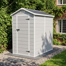 4.29 x 6.1FT Apex Roof Plastic Garden Storage Shed, Smoke Grey Wood Grain, Outward Opening w/ Lockable Latch