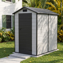 4.29 x 6.1FT Apex Roof Plastic Garden Storage Shed, Smoke Grey Wood Grain+Black, Outward Opening w/ Lockable Latch