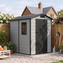 Garden Sanctuary 4.29x6.1ft Wood Grain Apex Plastic Tool Shed w/ Window, Smoky Grey+Black