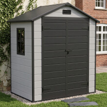 5.97 x 4.05FT Apex Roof Plastic Garden Storage Shed, Smoke Grey Wood Grain+Black, Outward Opening w/ Lockable Latch