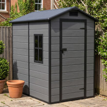 4.29 x 6.1FT Apex Roof Plastic Garden Storage Shed, Dark Grey Wood Grain, Outward Opening w/ Lockable Latch