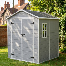 5.97 x 5.93FT Apex Roof Plastic Garden Storage Shed, Smoke Grey Wood Grain, Outward Opening w/ Lockable Latch