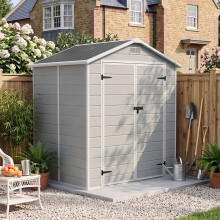 Garden Sanctuary 5.97x5.93ft Wood Grain Apex Plastic Tool Shed w/ Window, Smoky Grey
