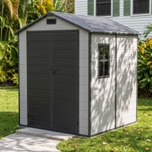 5.97 x 5.93FT Apex Roof Plastic Garden Storage Shed, Smoke Grey Wood Grain+Black, Outward Opening w/ Lockable Latch