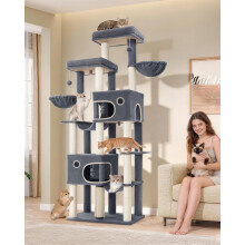 Arbre à chat géant 213 cm, Tour pour grands chats Maine Coon, Gris foncé, 9 niveaux avec 2 grottes et 2 hamacs