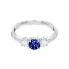 (7#=54mm) Silver Three Stone Round Sapphire Blue Engagement Ring Side Pave Clear Cubic Zirconia Wedding Stackable Jewelry for Women 5416152