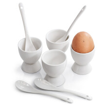 GEEZY Porcelain Egg Holder Set 4x Ceramic Egg Cups 4x Spoons Breakfast Tableware White