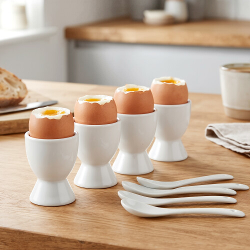 The Magic Toy Shop GEEZY Porcelain Egg Holder Set 4x Ceramic Egg Cups 4x Spoons Breakfast Tableware White 1