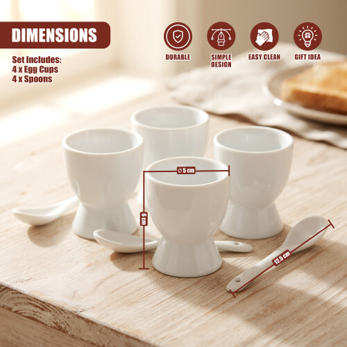 The Magic Toy Shop GEEZY Porcelain Egg Holder Set 4x Ceramic Egg Cups 4x Spoons Breakfast Tableware White 2