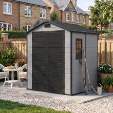 Garden Sanctuary 5.97x5.93ft Wood Grain Apex Plastic Tool Shed w/ Window, Smoky Grey+Black