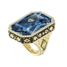 (7#=54mm) Two Tone Gold Black Enamel Oversized Rectangular London Blue Crystal Vintage Gothic Statement Cocktail Ring for Women Men 5490913