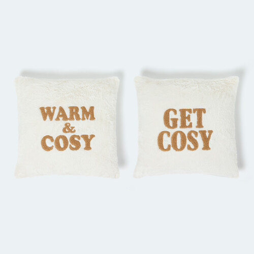 Homescapes Slogan Cushion Pair Plush Embroidered Design
